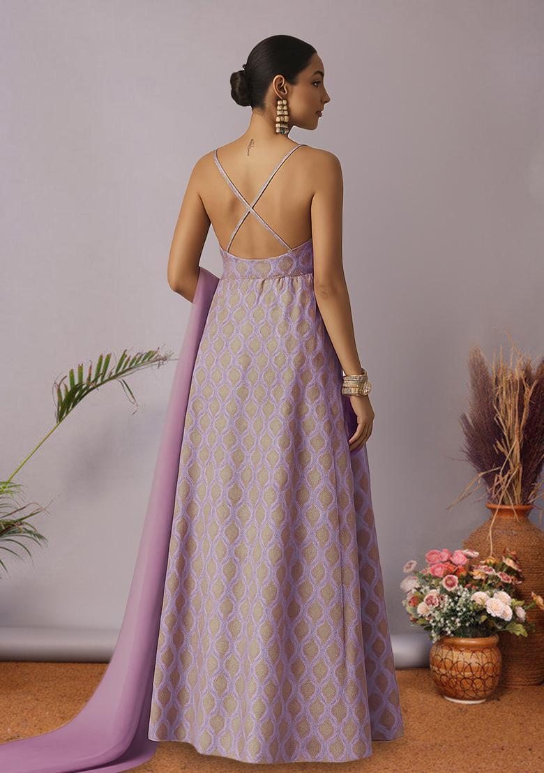 Purple Figure Print Silk Blend Anarkali Set - Indya