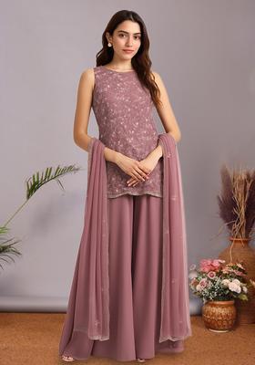 Pink Embroidered Net Sharara Set