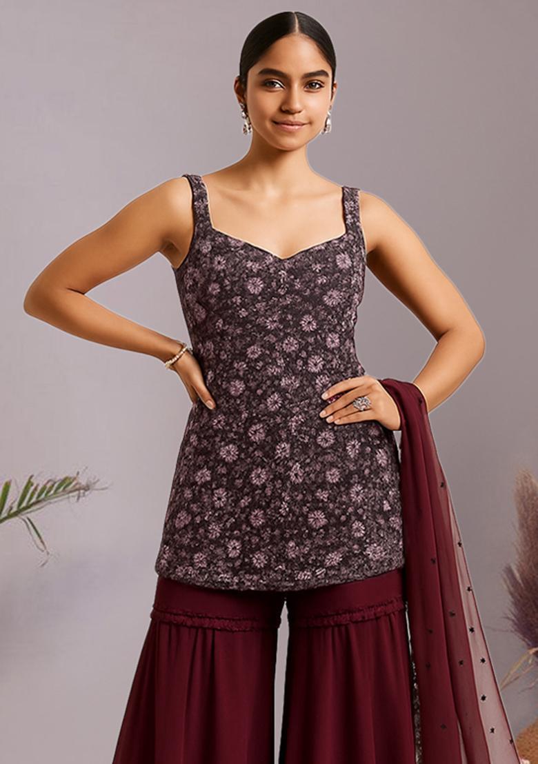 Wine Embroidered Net Sharara Set - Indya