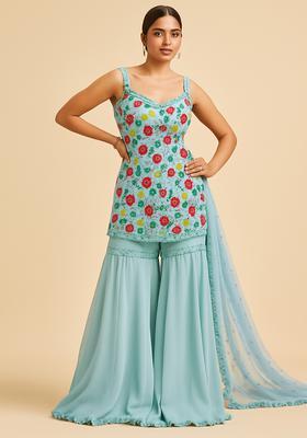Sky Blue Embroidered Net Sharara Set