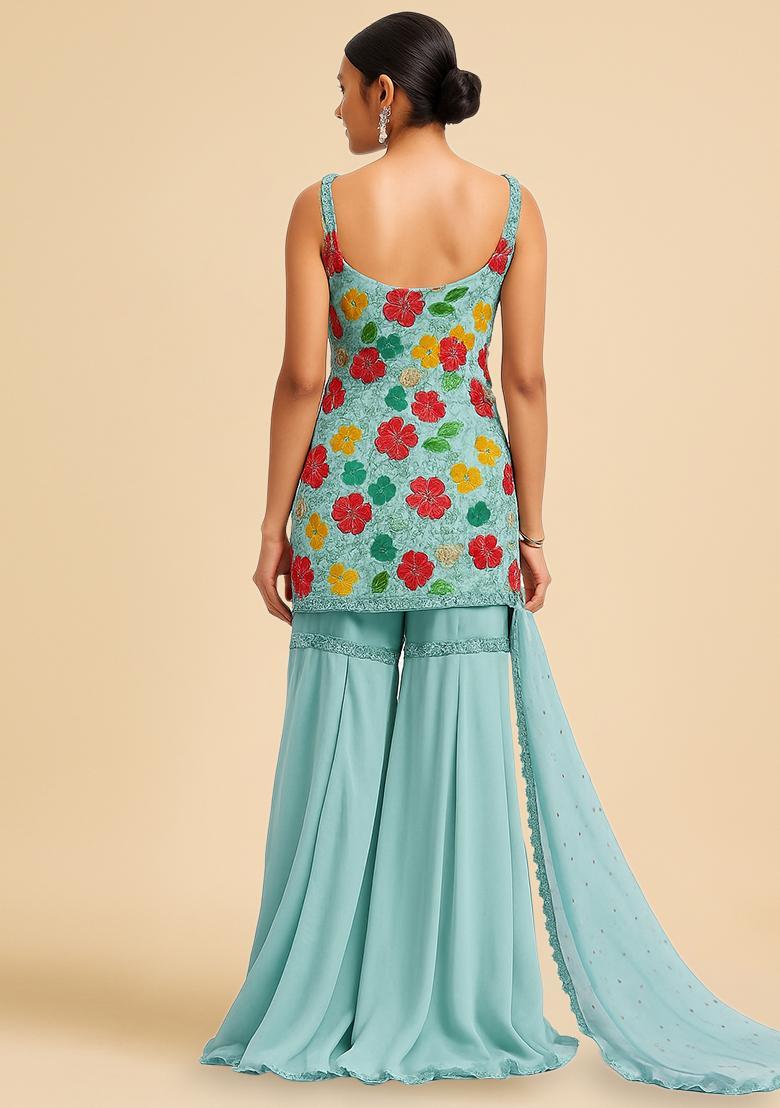 Sky Blue Embroidered Net Sharara Set - Indya