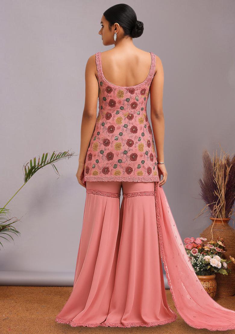Pink Embroidered Net Sharara Set - Indya