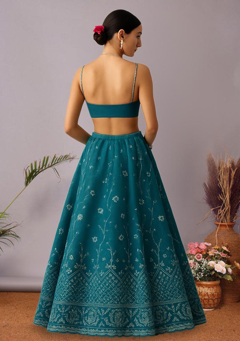 Teal Embroidered Net Lehenga Set - Indya