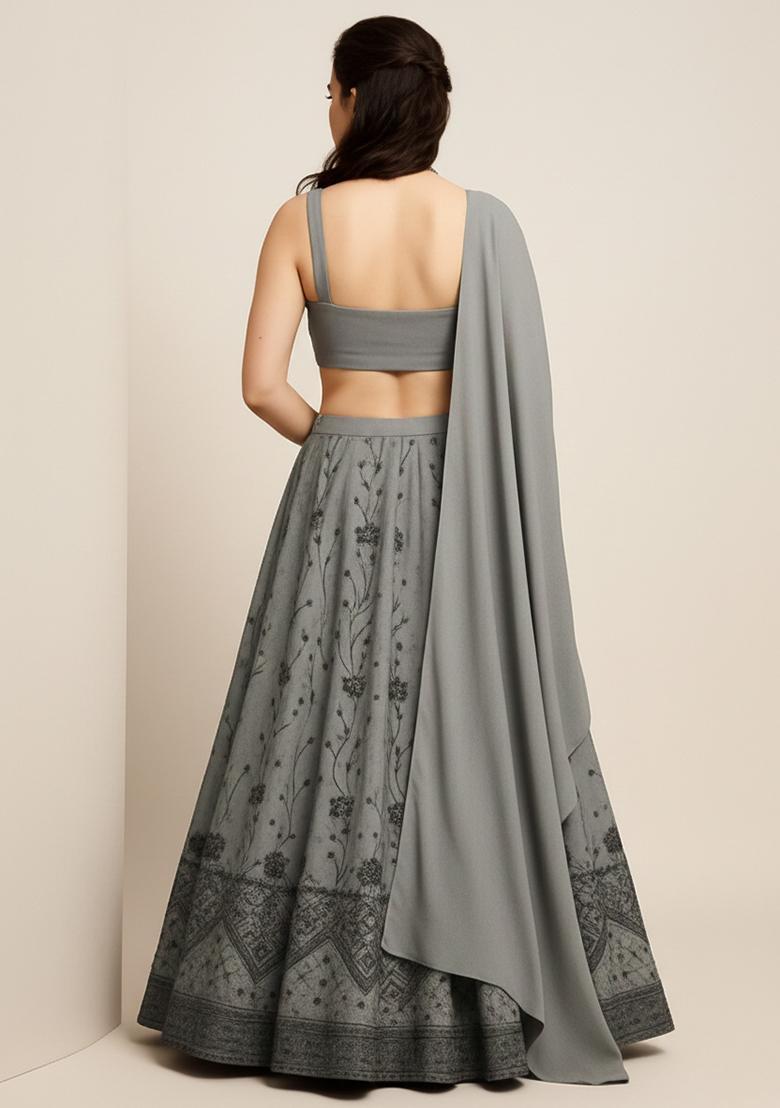 Grey Embroidered Net Lehenga Set - Indya