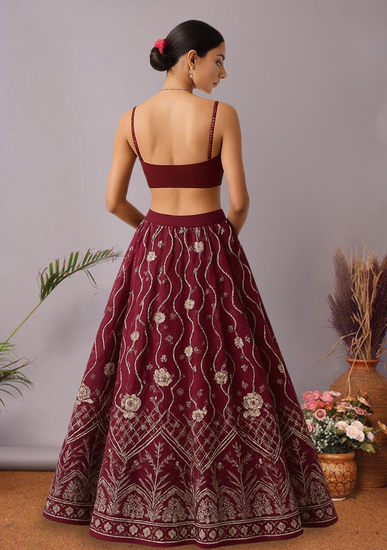 Red Embroidered Net Lehenga Set - Indya