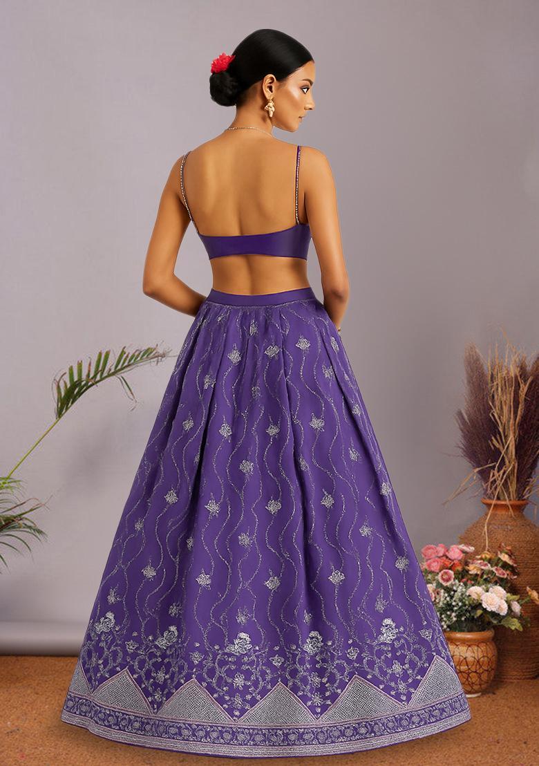 Purple Embroidered Net Lehenga Set - Indya