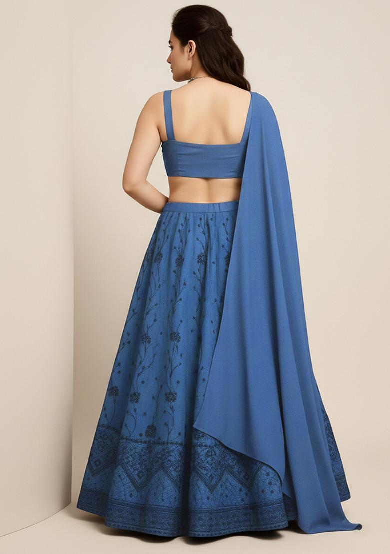 Blue Embroidered Net Lehenga Set - Indya