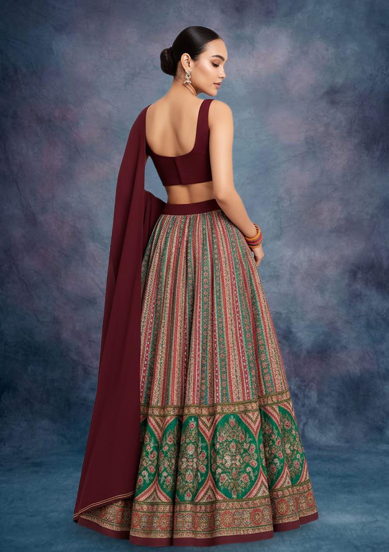 Peach Figure Print Brocade Lehenga Set - Indya
