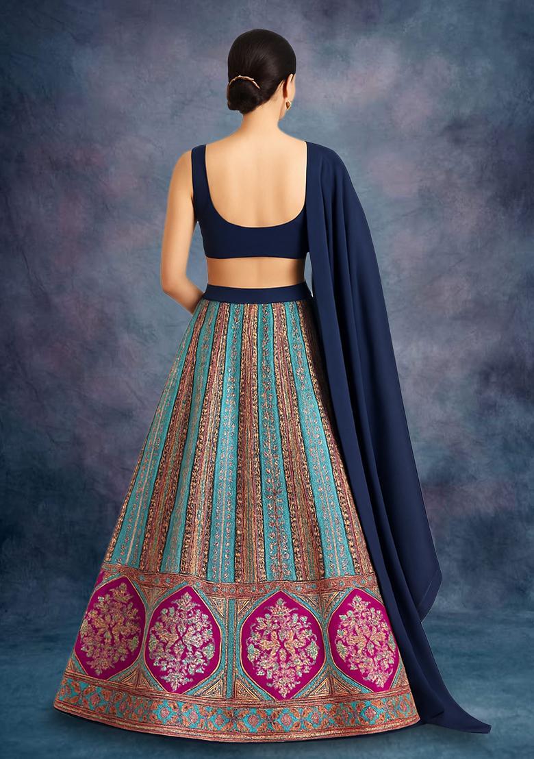 Sky Blue Figure Print Brocade Lehenga Set - Indya