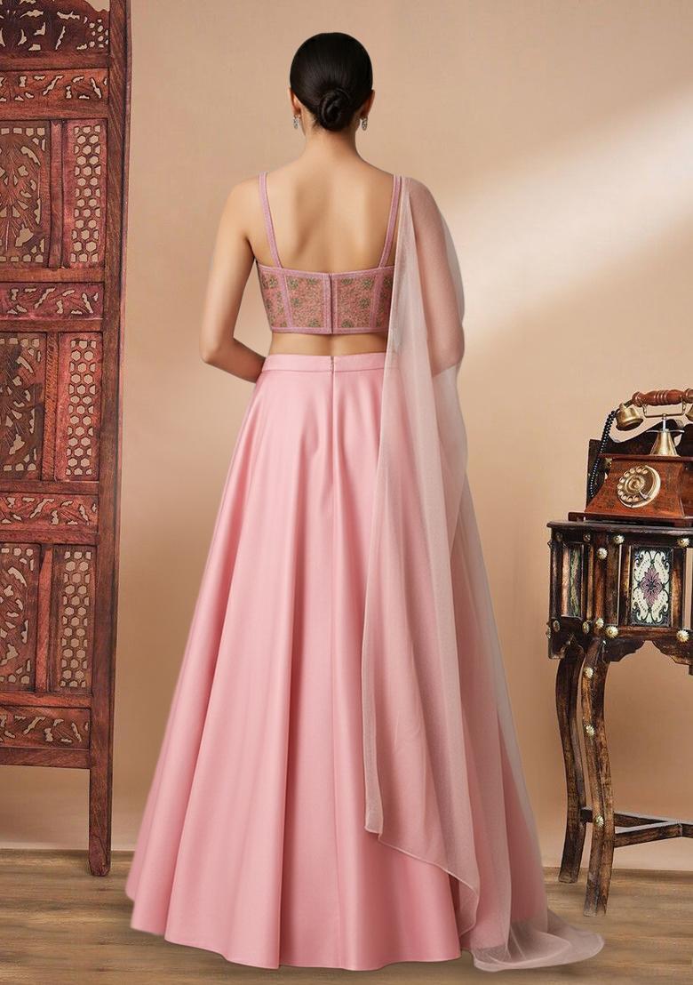 Pink Figure Print Silk Blend Lehenga Set - Indya