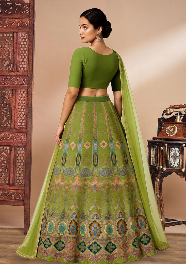 Green Embroidered Crepe Lehenga Set - Indya