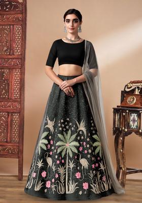 Black Embroidered Silk Blend Lehenga Set
