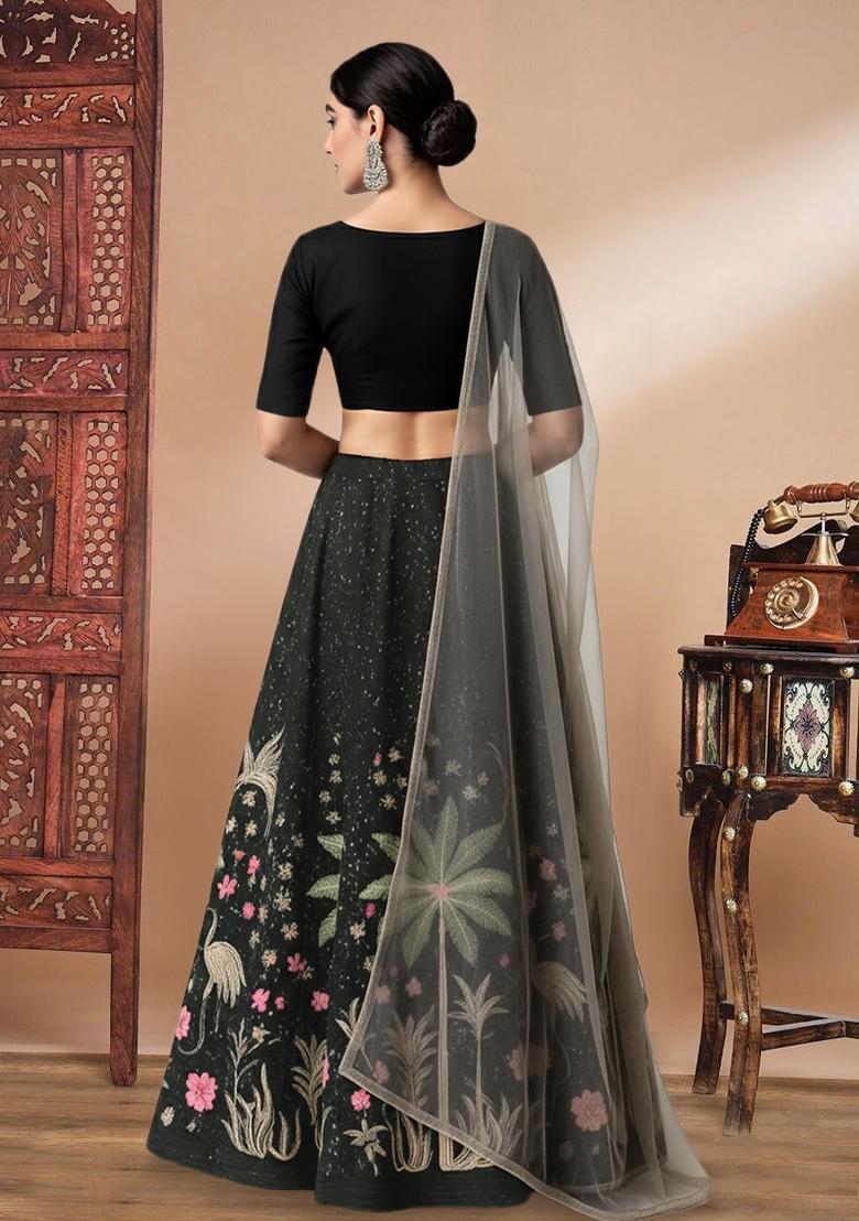 Black Embroidered Silk Blend Lehenga Set - Indya