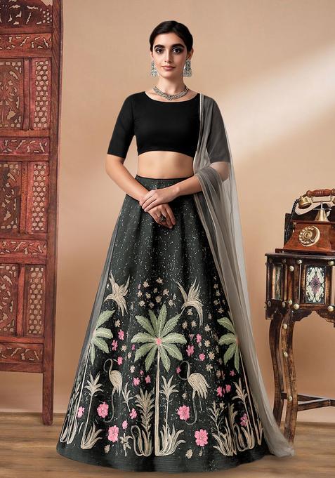 Black Embroidered Silk Blend Lehenga Set