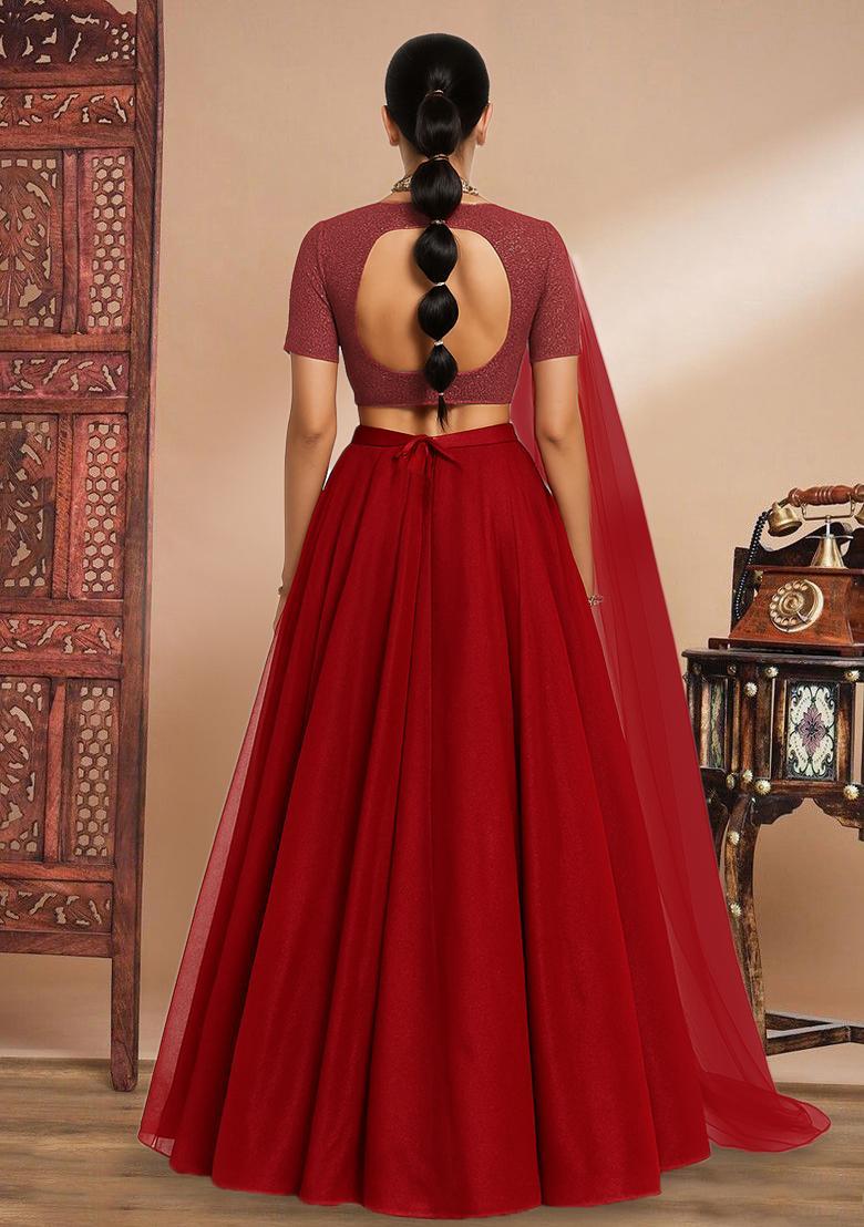 Red Embellished Lurex Lehenga Set - Indya