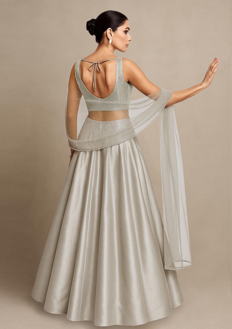 White Sequin Net Lehenga Set - Indya