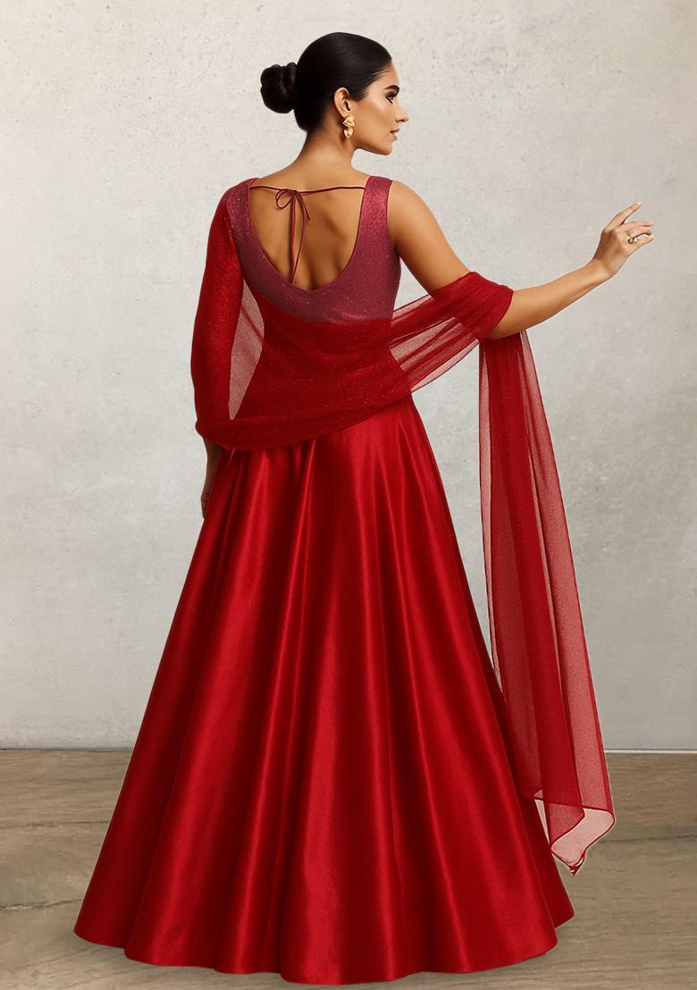 Red Sequin Lurex Lehenga Set - Indya