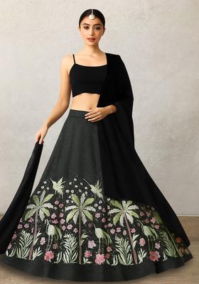 Black Embroidered Silk Blend Lehenga Set