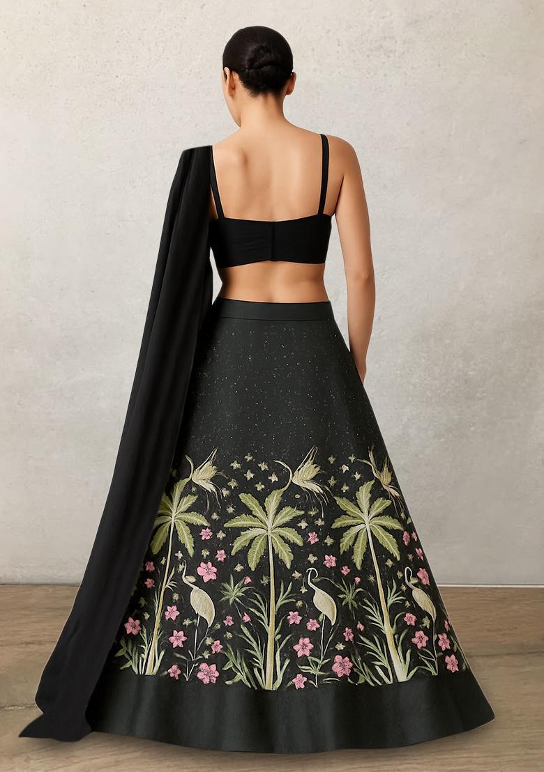 Black Embroidered Silk Blend Lehenga Set - Indya