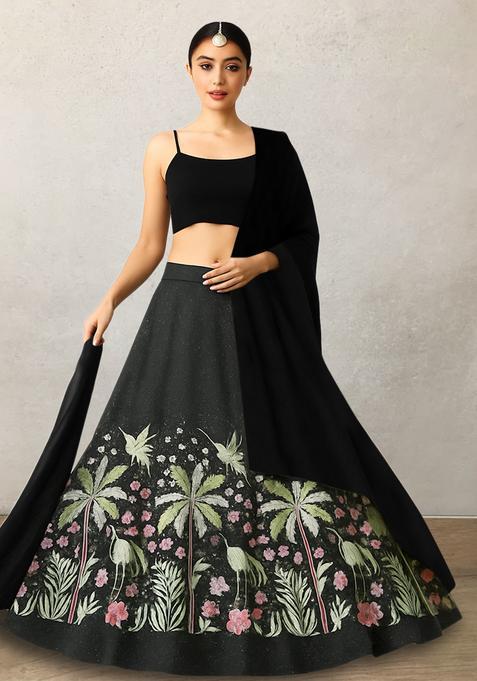 Black Embroidered Silk Blend Lehenga Set