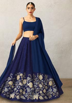 Blue Embroidered Silk Blend Lehenga Set