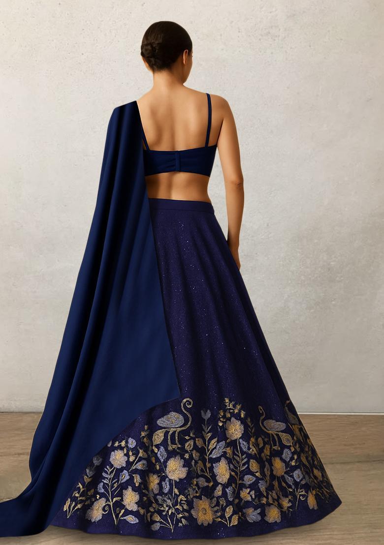 Blue Embroidered Silk Blend Lehenga Set - Indya