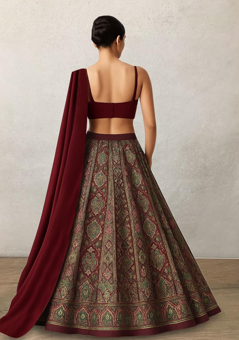 Red Embroidered Crepe Lehenga Set - Indya