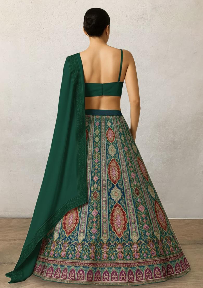 Teal Green Embroidered Crepe Lehenga Set - Indya