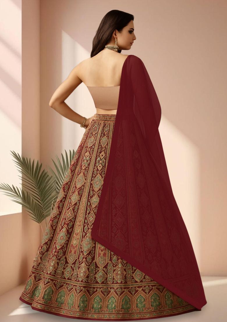 Red Embroidered Crepe Lehenga Set - Indya