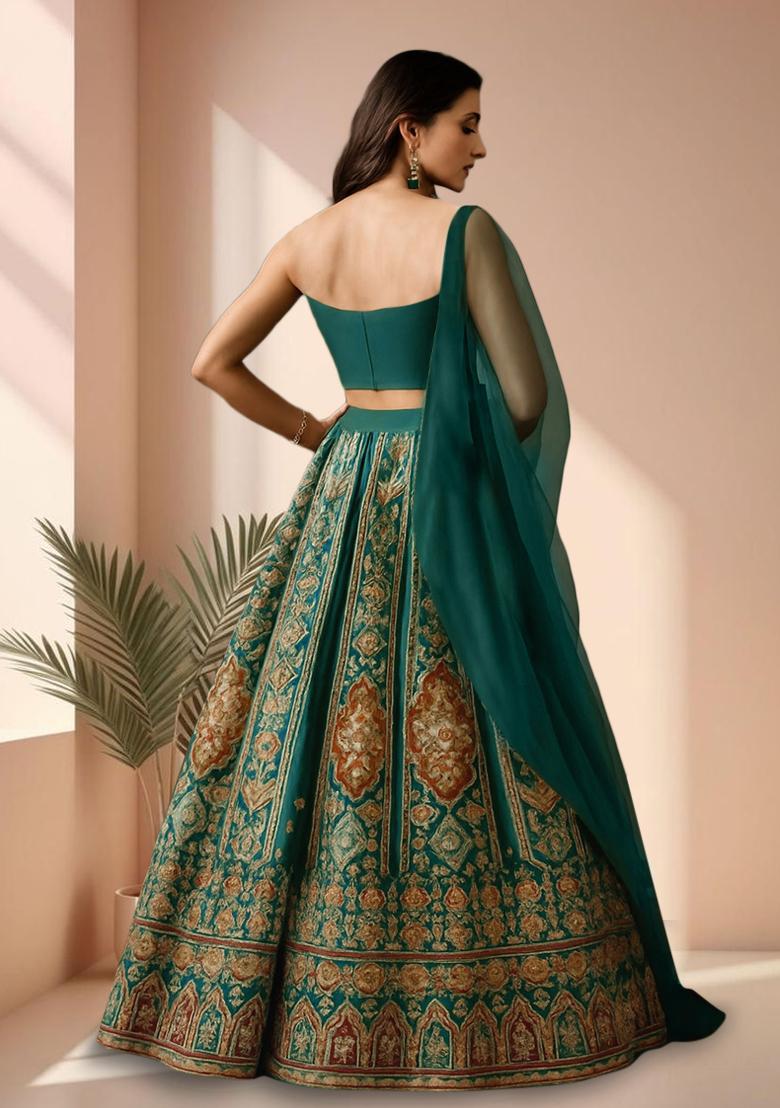 Teal Green Embroidered Crepe Lehenga Set - Indya