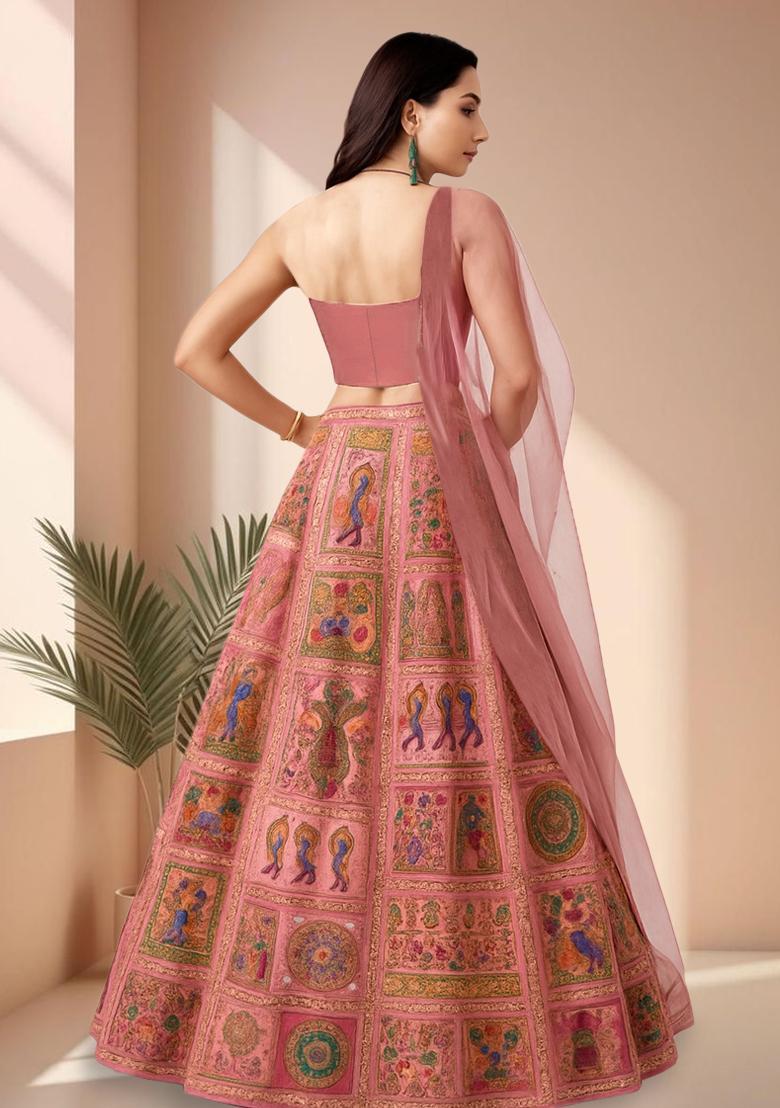 Pink Figure Print Silk Blend Lehenga Set - Indya