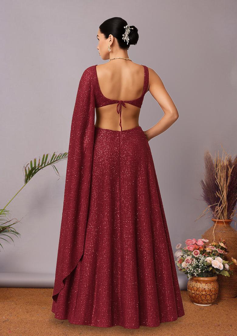Red Sequin Lurex Lehenga Set - Indya