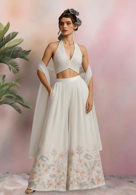 White Embroidered Silk Blend Lehenga Set