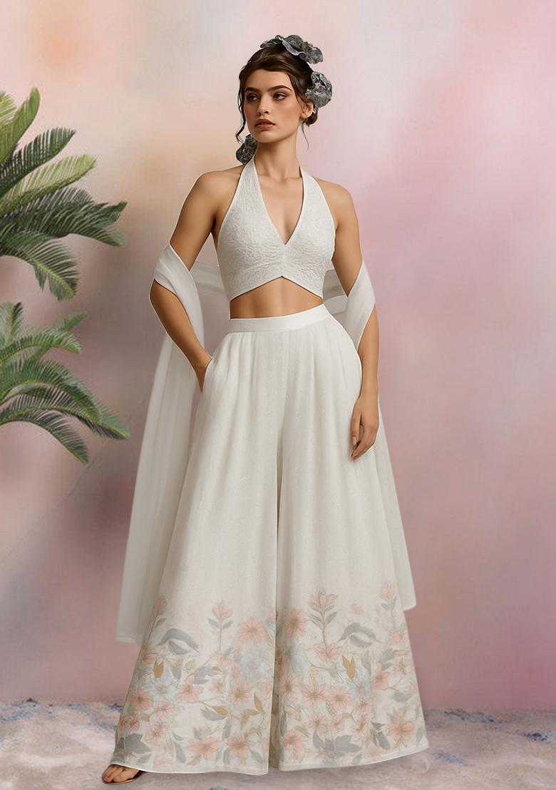 White Embroidered Silk Blend Lehenga Set - Indya