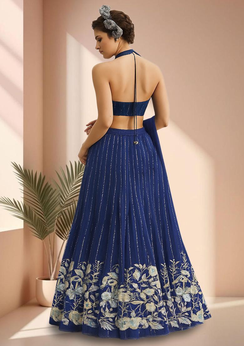 Navy Blue Embroidered Silk Blend Lehenga Set - Indya