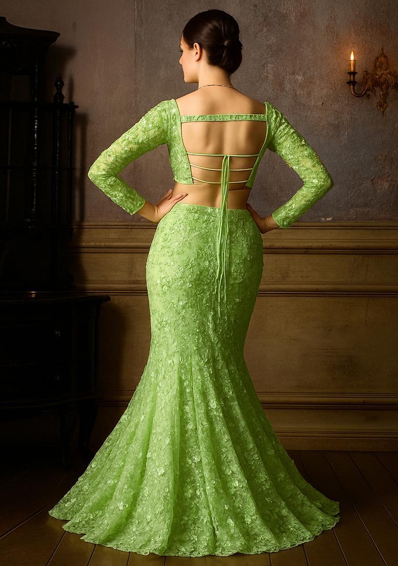 Green Embroidered Net Fusion Set - Indya