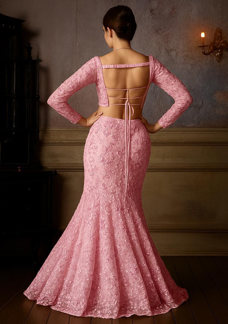 Pink Embroidered Net Fusion Set - Indya