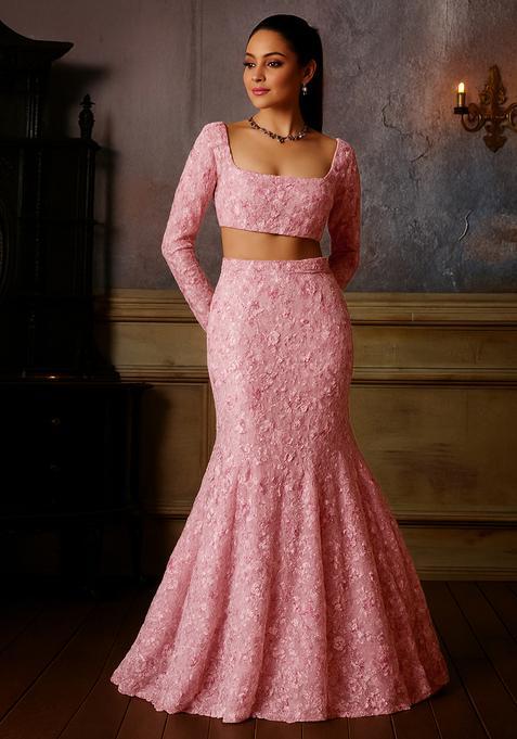 Pink Embroidered Net Fusion Set