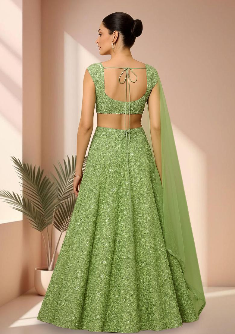 Green Embroidered Net Lehenga Set - Indya