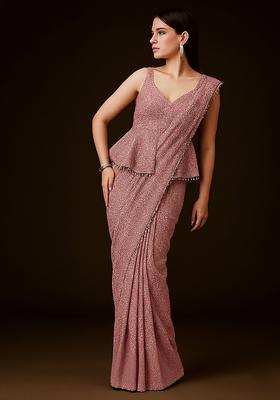 Pink Embellished Lurex Pre Draped Saree Set