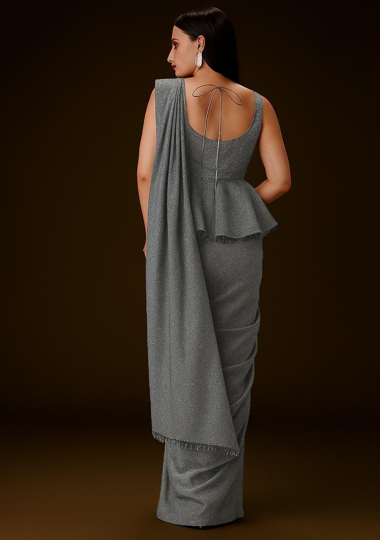 Grey Embellished Lurex Pre Draped Saree Set - Indya