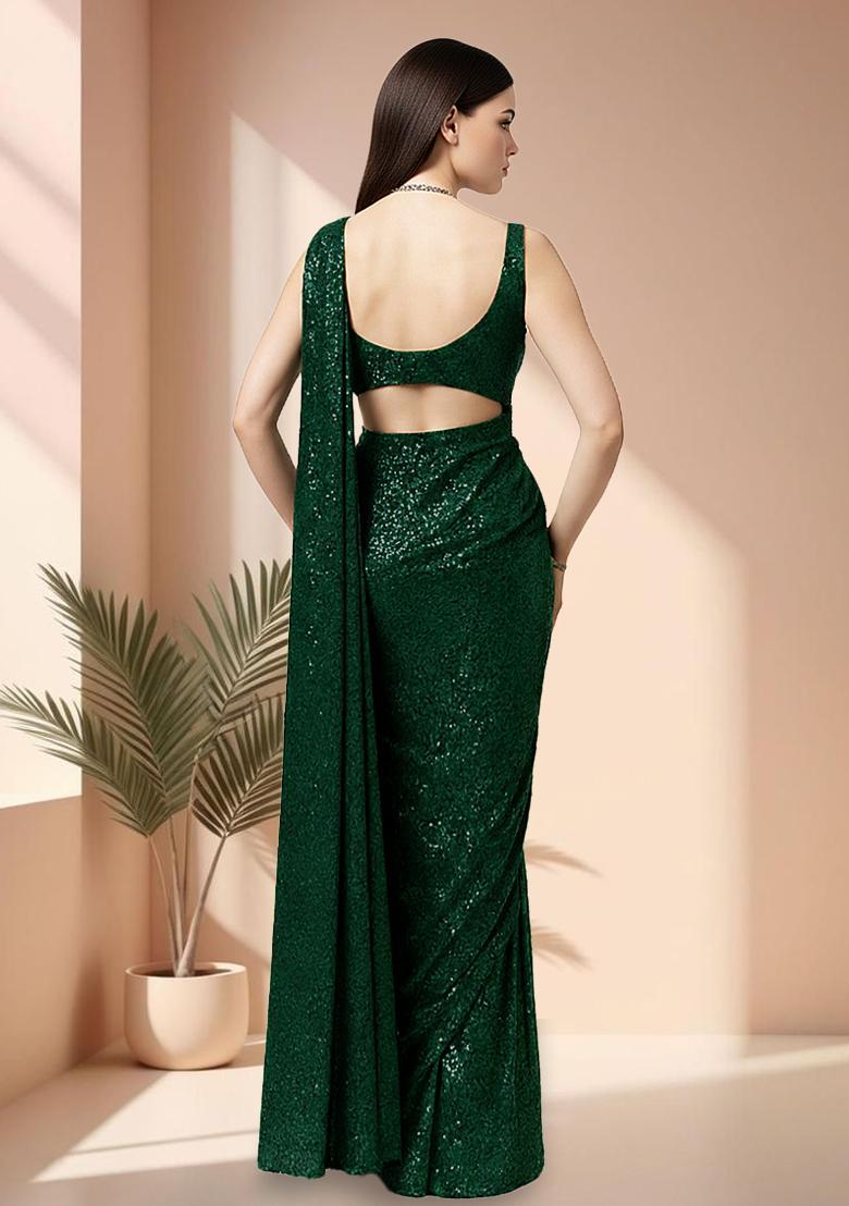 Green Sequin Net Pre Draped Saree Set - Indya