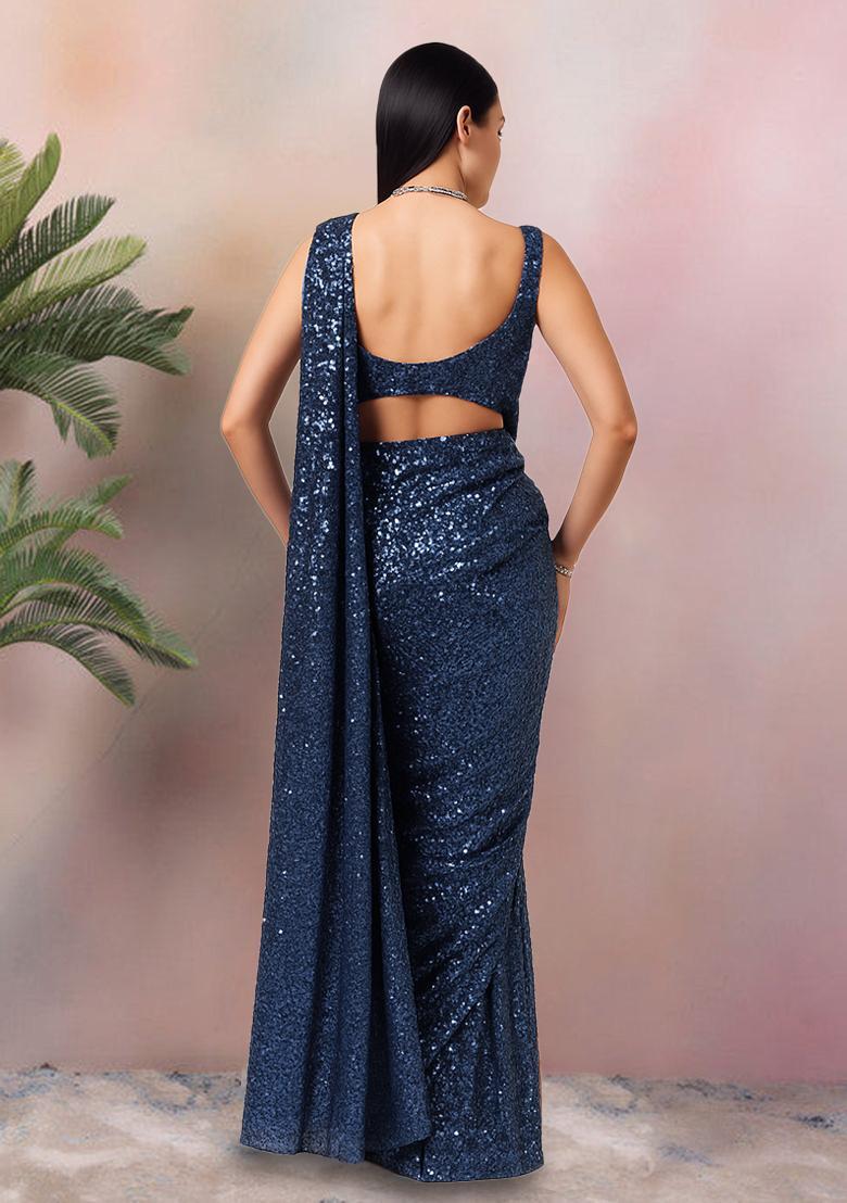 Blue Sequin Net Pre Draped Saree Set - Indya