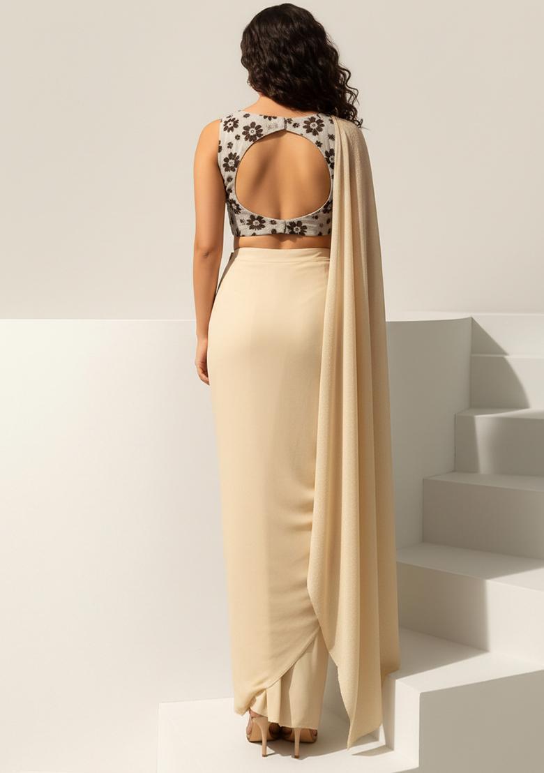 Brown Embroidered Net Fusion Set - Indya
