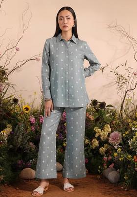 Powder Blue Printed Linen Co Ord Set