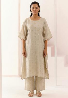 Off White Embroidered Linen Straight Kurta Set