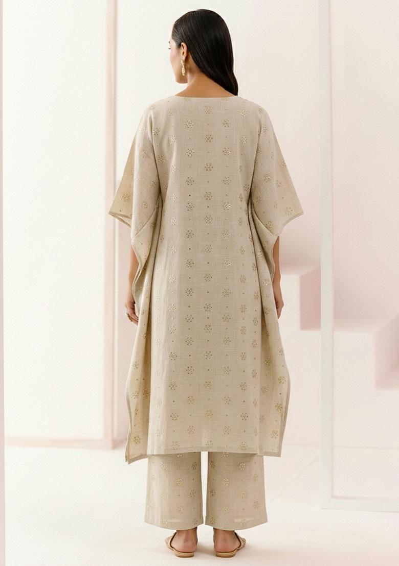 Off White Embroidered Linen Straight Kurta Set - Indya