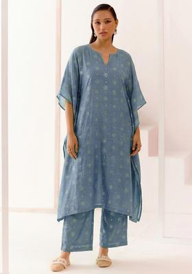 Blue Printed Linen Kaftan Set