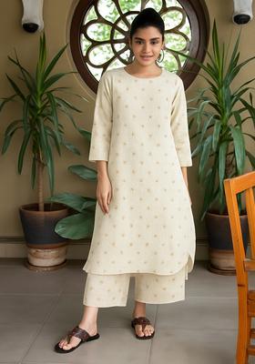 Off White Embroidered Linen Straight Kurta Set