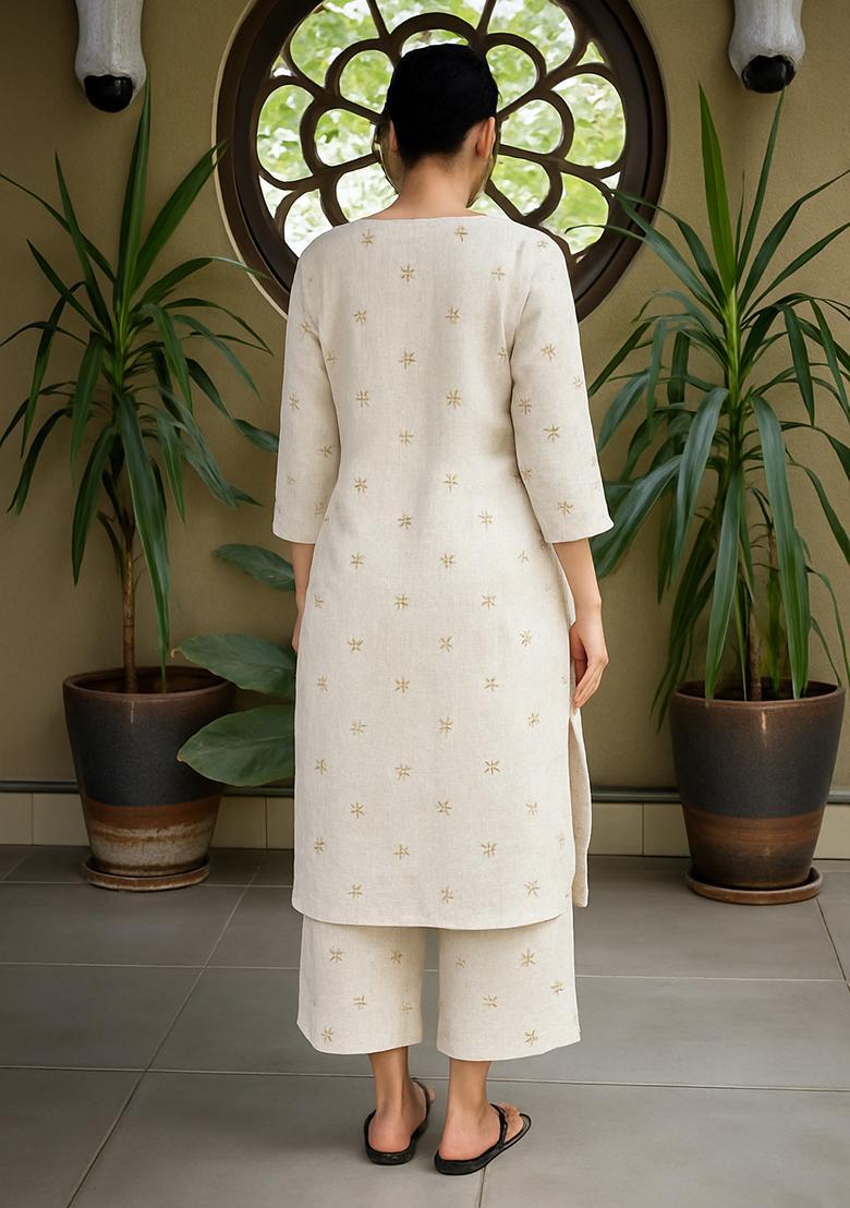 Off White Embroidered Linen Straight Kurta Set - Indya
